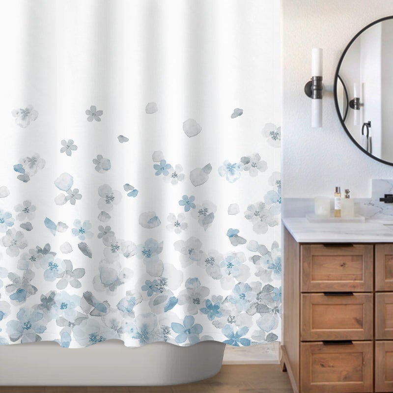 Sunlit Design Simple Style Blue and Gray Flower Blossoms Fabric Shower Curtains for Bathroom Decor with White Background, Machine Washable - Image 4